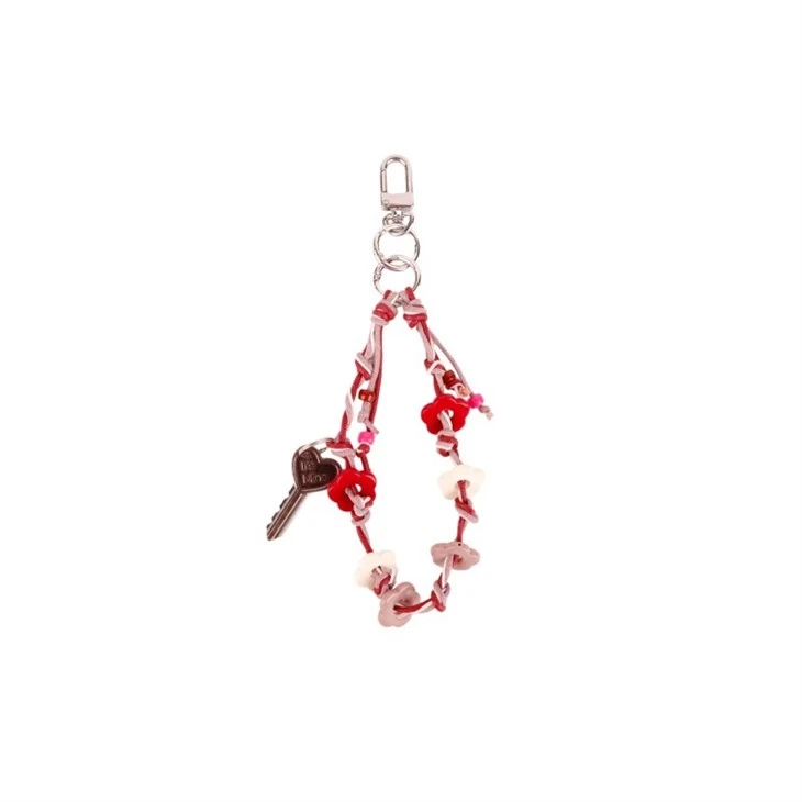 Korean Retro Keychain | Braided Beaded Strap Floral Charm high quality